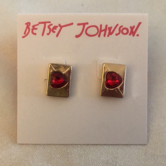 Betsey Johnson Gold Tone Envelope Stud Earrings Red Crystal Heart Accent NWT - Picture 4 of 12